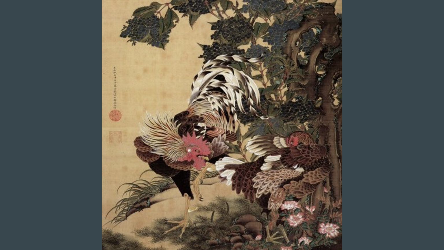 painting of chickens and vegetation