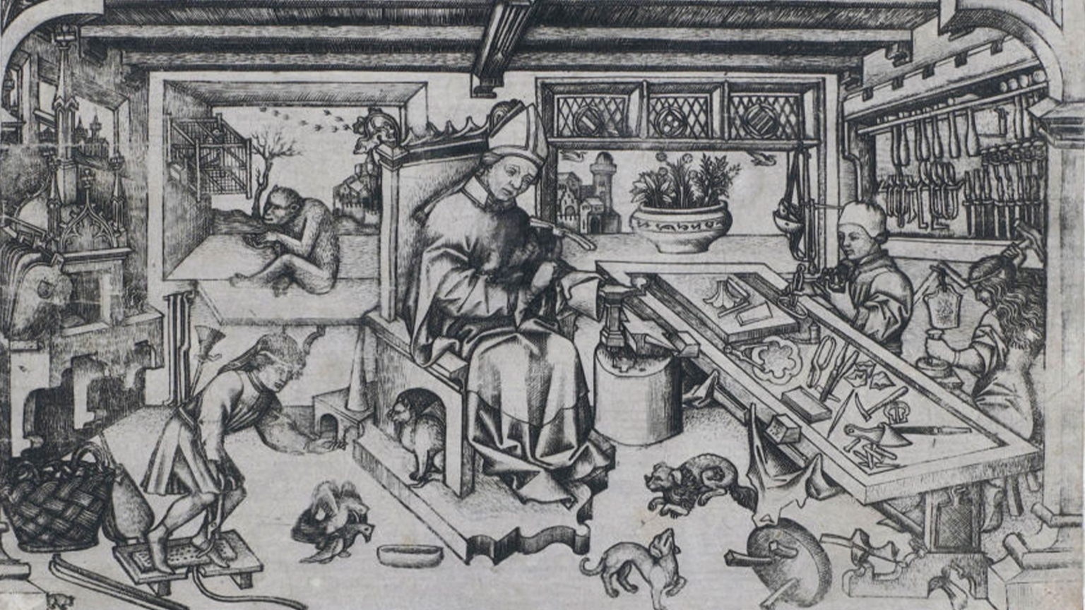 Master of Balaam, St. Eloy the Goldsmith in his workshop, 1440–60, engraving